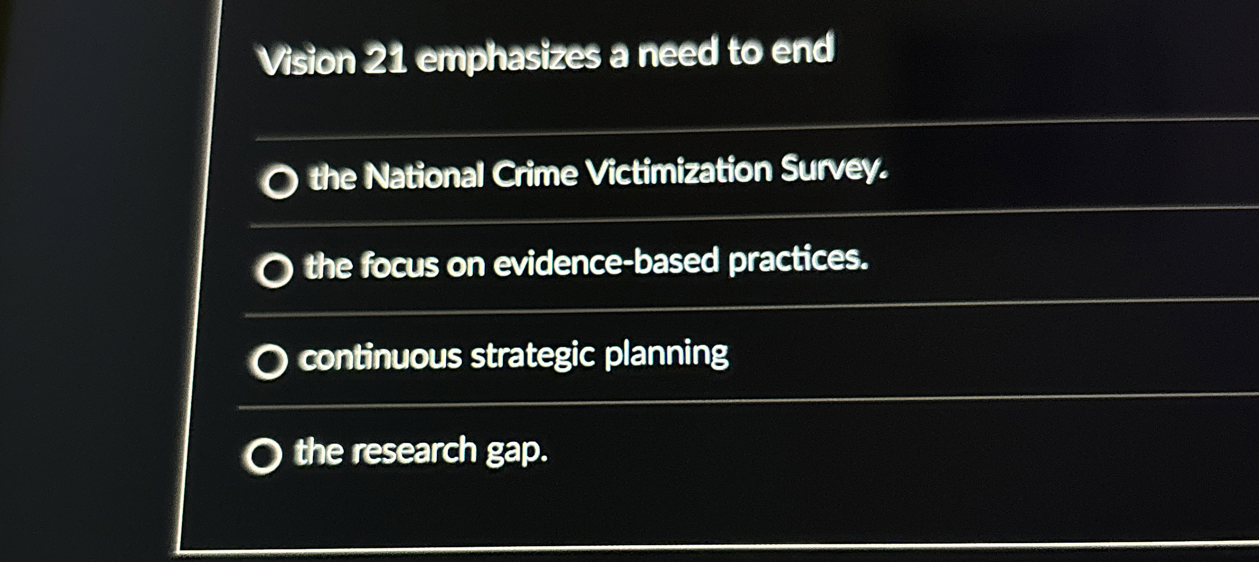 Solved Vision 21 ﻿emphasizes a need to endthe National Crime | Chegg.com
