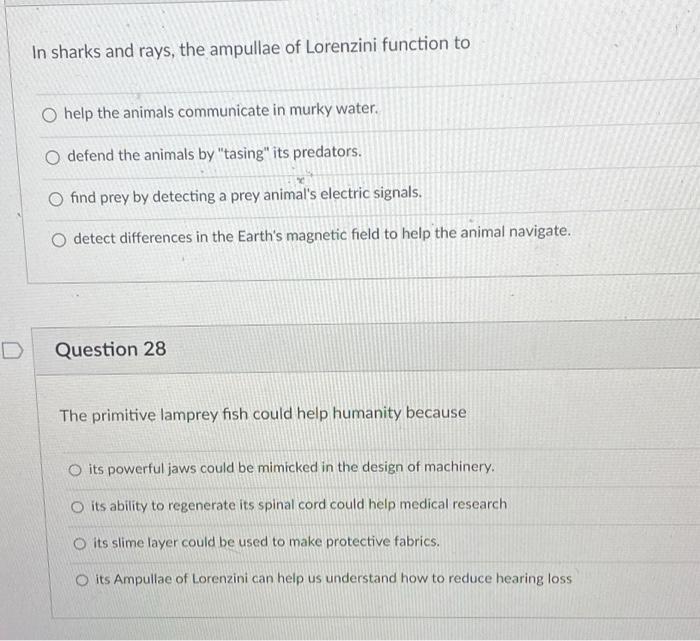 Solved In sharks and rays, the ampullae of Lorenzini