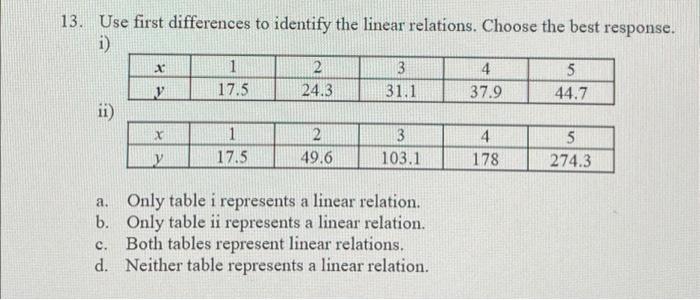 Solved 13. Use first differences to identify the linear | Chegg.com