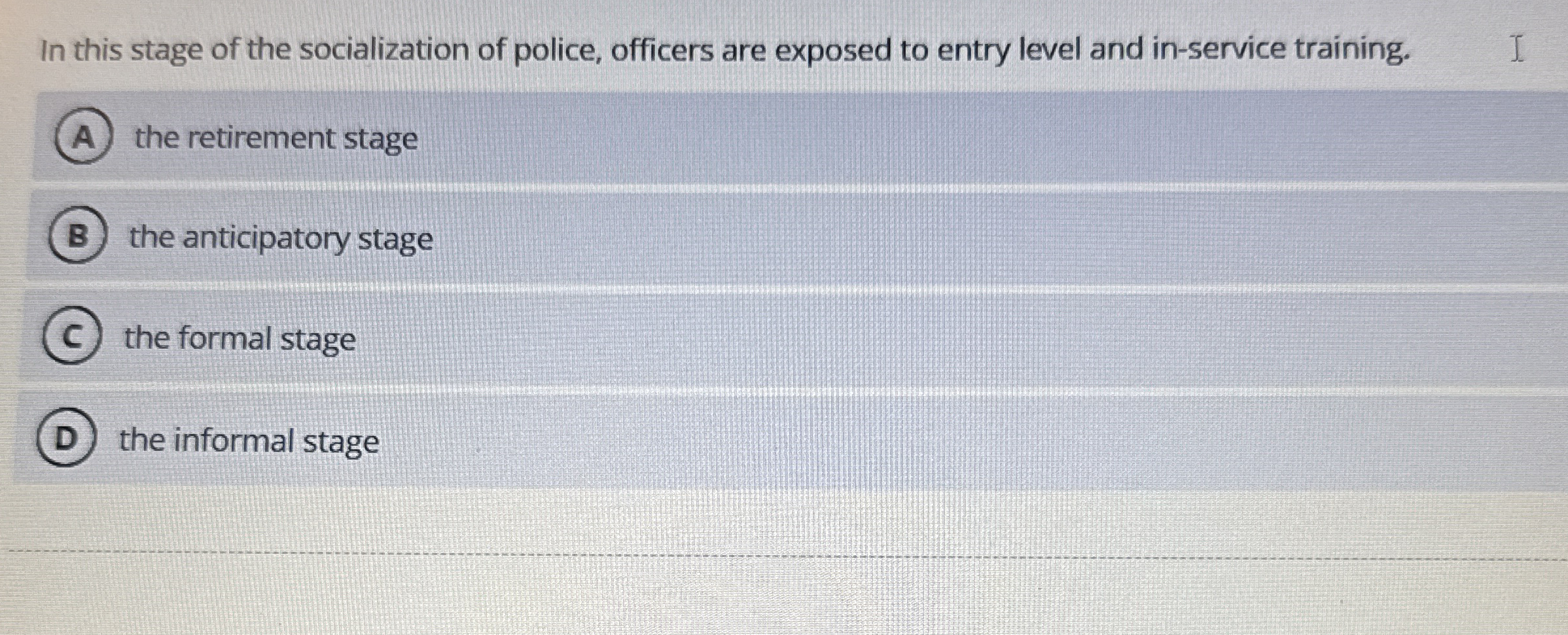 Solved In this stage of the socialization of police, | Chegg.com