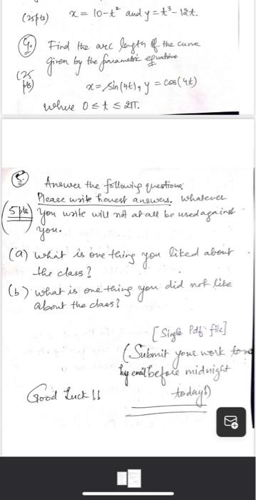 Solved 26 X 10 T And Y 18 6 Find The Arc Length Of Chegg Com