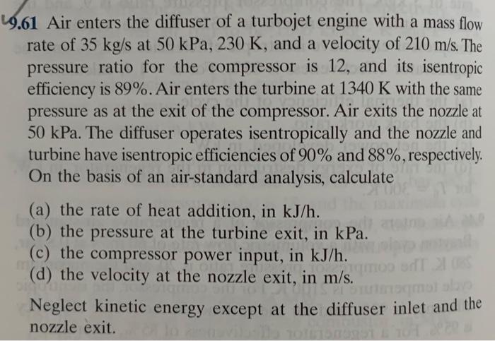 Solved 19.61 Air enters the diffuser of a turbojet engine | Chegg.com
