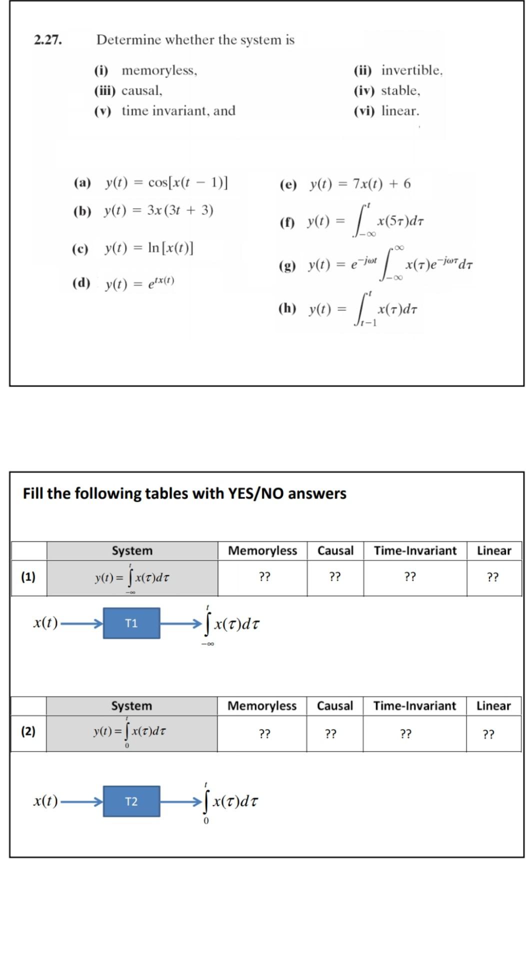 Solved 2.26. (a) Determine whether the system described by | Chegg.com