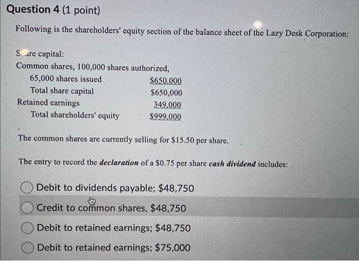 Following Is The Shareholders' Equity Section Of The | Chegg.com