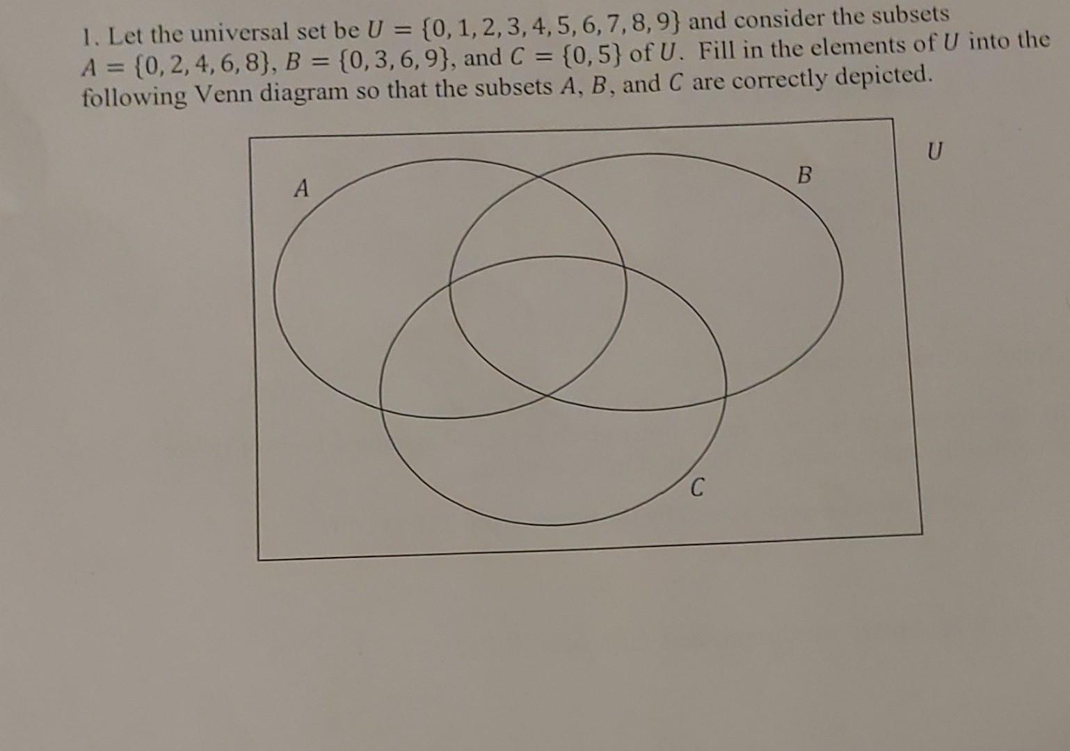 Solved 1 Let The Universal Set Be U {0 1 2 3 4 5 6 7 8 9}