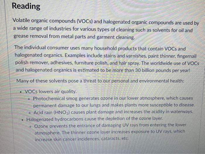 Solved Volatile organic compounds (VOCs) and halogenated | Chegg.com