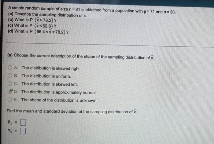 Solved A simple random sample of size n = 81 is obtained | Chegg.com