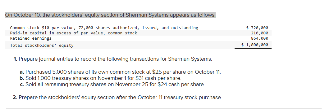 Solved On October The Stockholders Equity Section Of Chegg Com