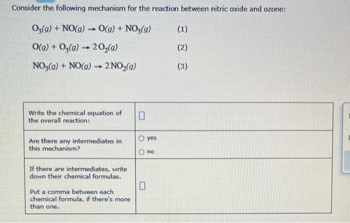 Consider the following mechanism for the reaction between nitric oxide and ozone:
\[
\begin{array}{l}
\mathrm{O}_{3}(g)+\math