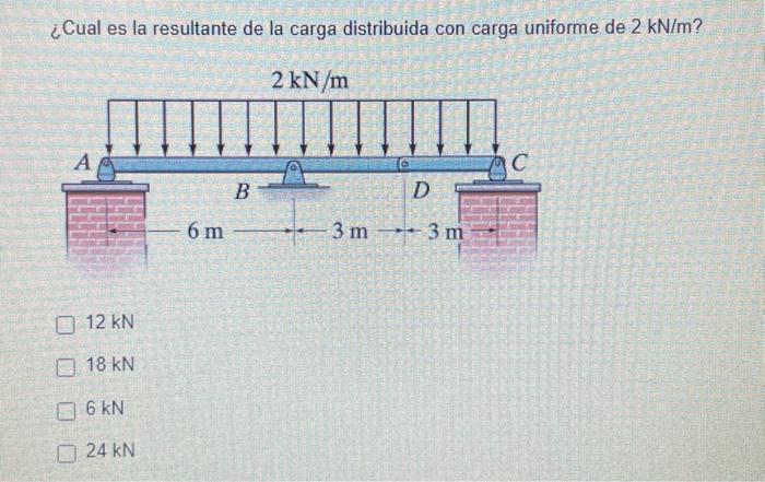 ¿Cual es la resultante de la carga distribuida con carga uniforme de \( 2 \mathrm{kN} / \mathrm{m} \) ? \( 12 \mathrm{kN} \)