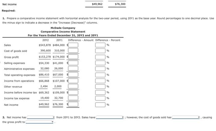 Solved Horizontal Analysis of Income Statement For 20Y2, | Chegg.com