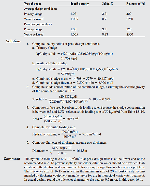 Solved For Example 134 for gravity thickening, calculate the