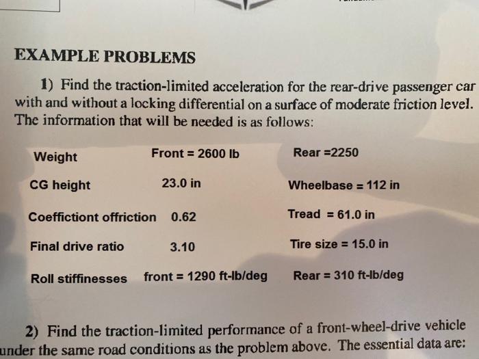 Solved EXAMPLE PROBLEMS 1) Find the traction-limited | Chegg.com