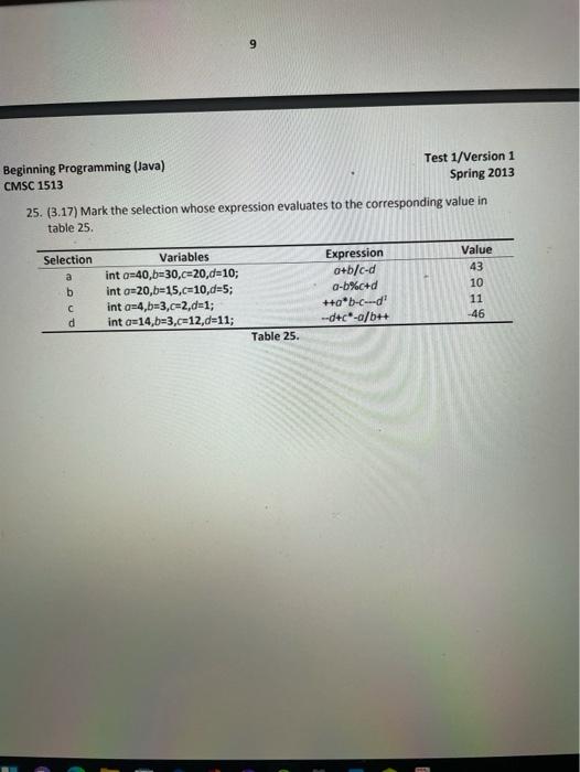 Solved 9 Beginning Programming (Java) Test 1/Version 1 CMSC | Chegg.com