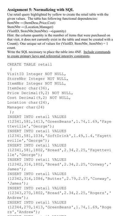 Solved Assignment 5: Normalizing with SQL Use retail query | Chegg.com