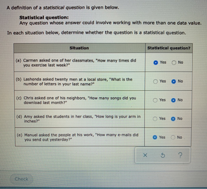 Solved A definition of a statistical question is given | Chegg.com