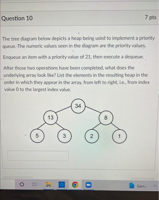 The tree diagram below depicts a heap being used to implement a priority queue. The numeric values seen in the diagram are th