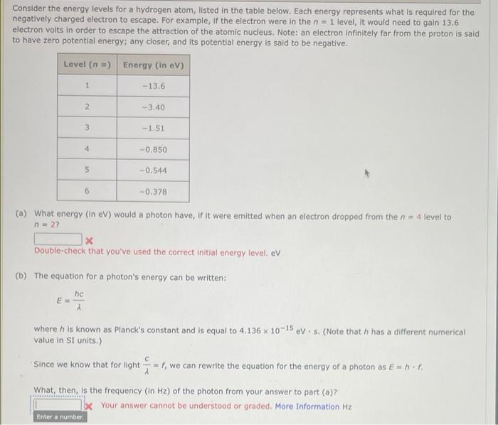 Solved Consider the energy levels for a hydrogen atom, | Chegg.com