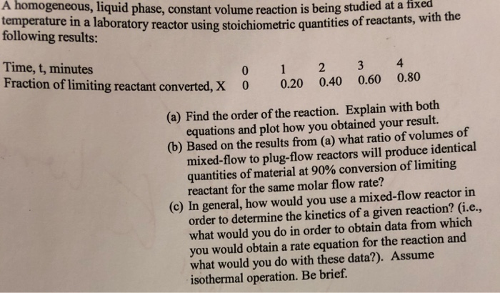 A Homogeneous, Liquid Phase, Constant Volume Reaction | Chegg.com