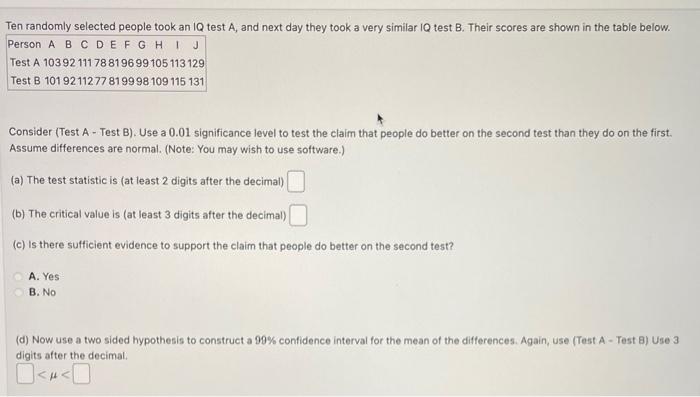 Solved Consider (Test A - Test B). Use A 0.01 Significance | Chegg.com