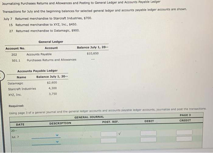 Solved Journalizing Purchases Returns and Allowances and