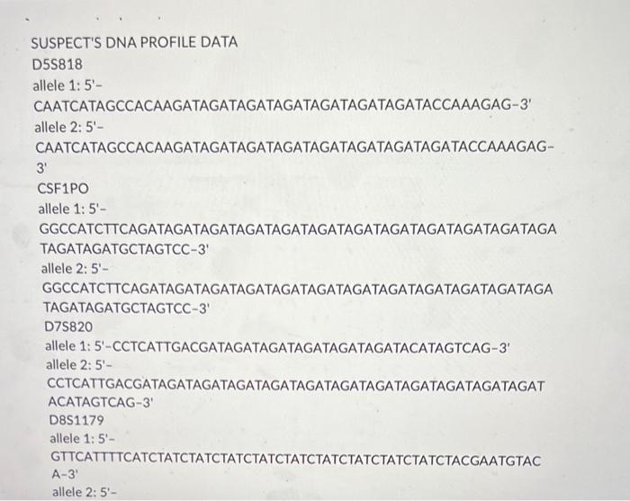 Solved SUSPECT'S DNA PROFILE DATA D5S818 allele 1: 5'- | Chegg.com
