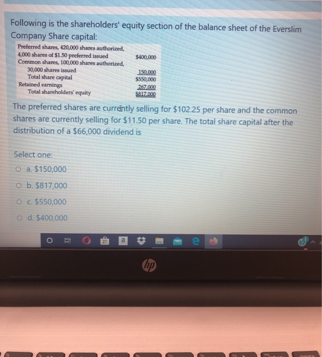 Solved Following Is The Shareholders' Equity Section Of The | Chegg.com