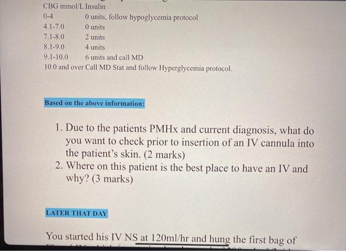 CBG mmol/L Insulin 0-4 0 units, follow hypoglycemia protocol 4.1-7.0 O units 7.1-8.0 2 units 8.1-9.0 4 units 9.1-10.0 6 units