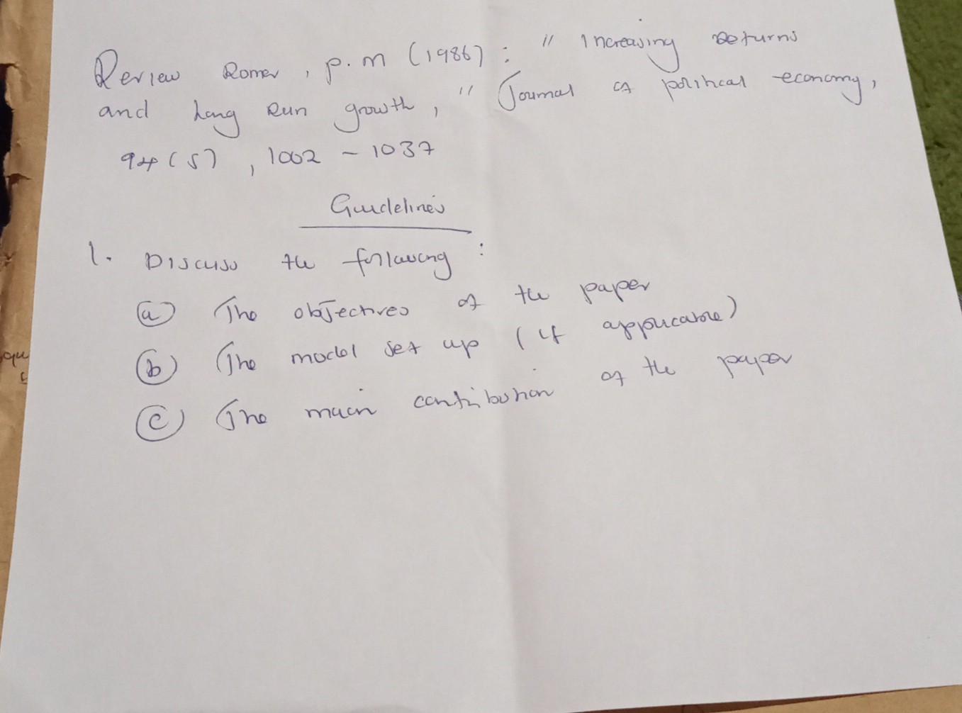 Deriew Romer, p.m (1986): Increasing returns and hang Run gowth, Joumal is porihcal economy, \( 94(5), 1002-1037 \)
1. Disc