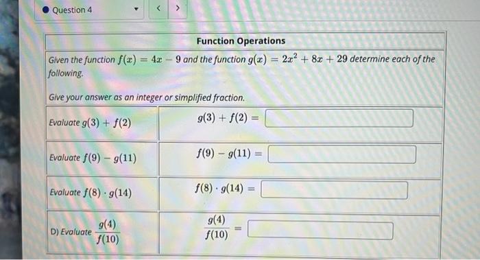 Solved Operations On Functions Using Tables Of Values Us 1841