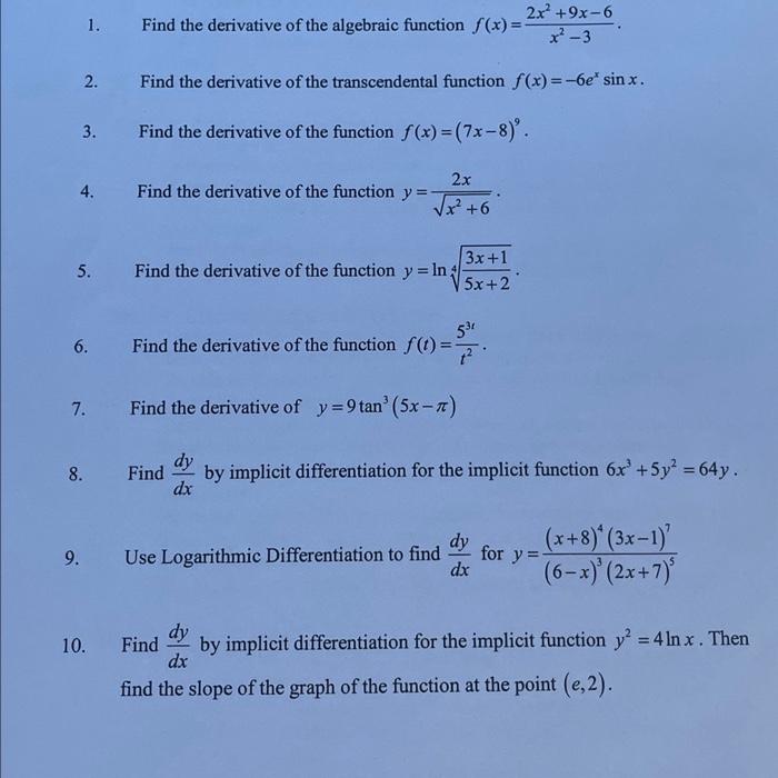 Solved 1. Find the derivative of the algebraic function | Chegg.com