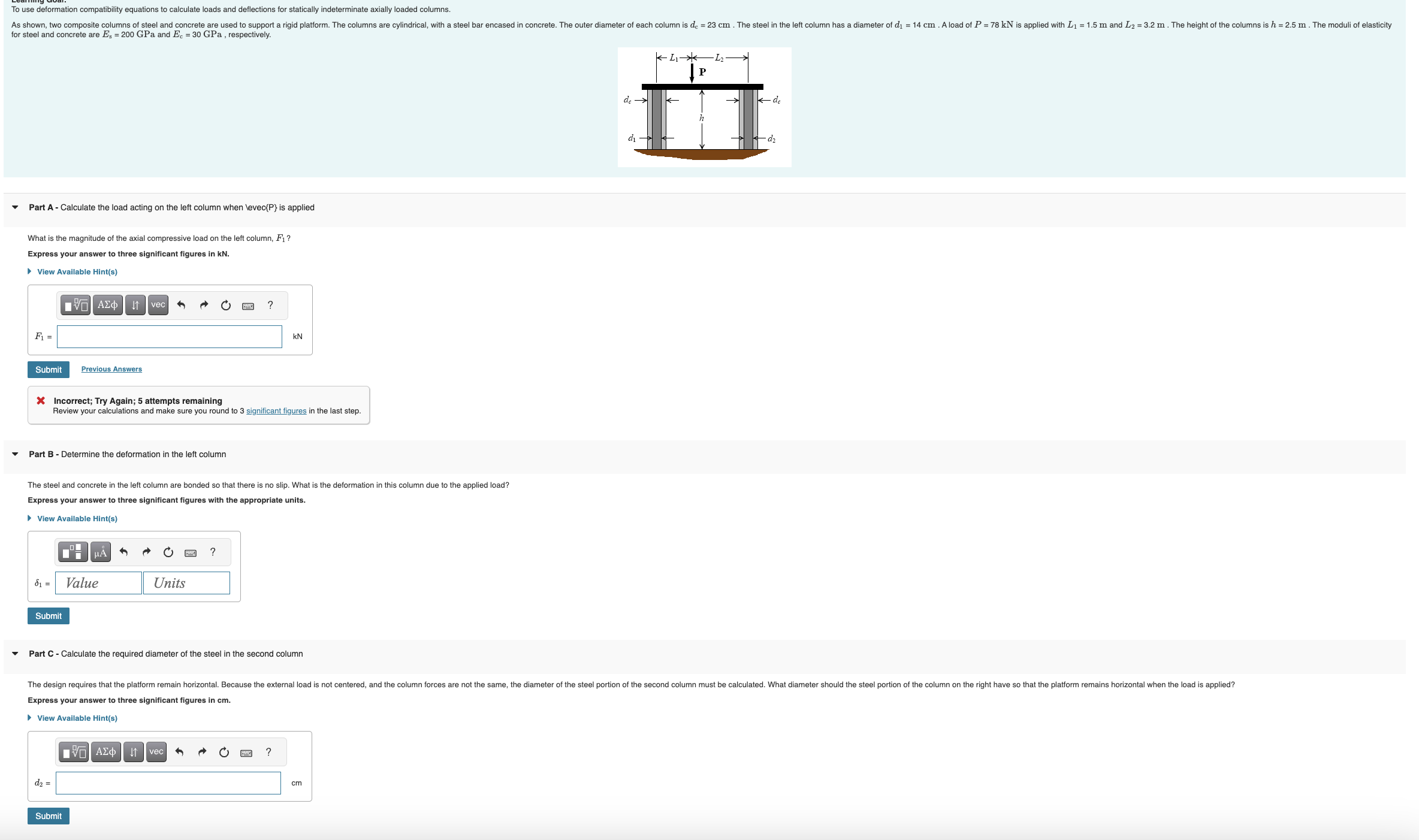 Solved As shown, two composite columns of steel and concrete | Chegg.com