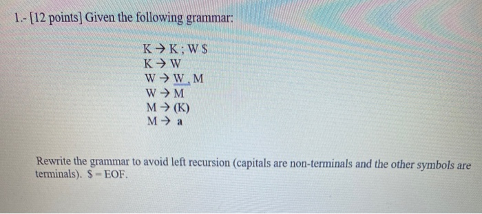 Solved 1 12 Points Given The Following Grammar K K W Chegg Com