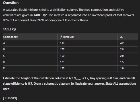 Solved QuestionA saturated liquid mixture is fed to a | Chegg.com