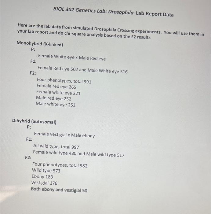 Solved BIOL 302 Lab Drosophila Lab Report Data