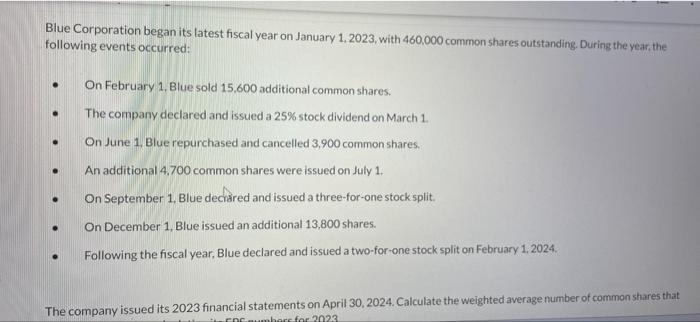 Solved Blue Corporation began its latest fiscal year on | Chegg.com