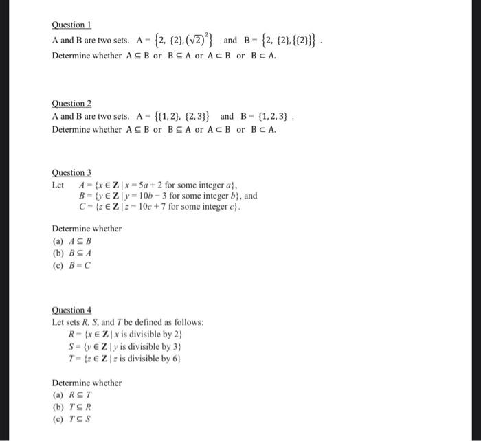 Solved Question 1 A and B are two sets. A = {2, {2).(-2)} | Chegg.com