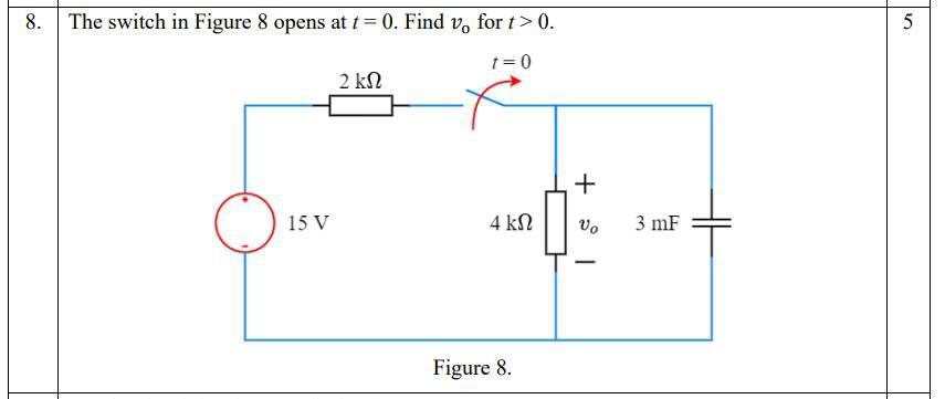 Solved 8. The switch in Figure 8 opens at t=0. Find v, for | Chegg.com