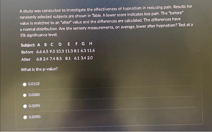 Solved A study was conducted to investigate the | Chegg.com