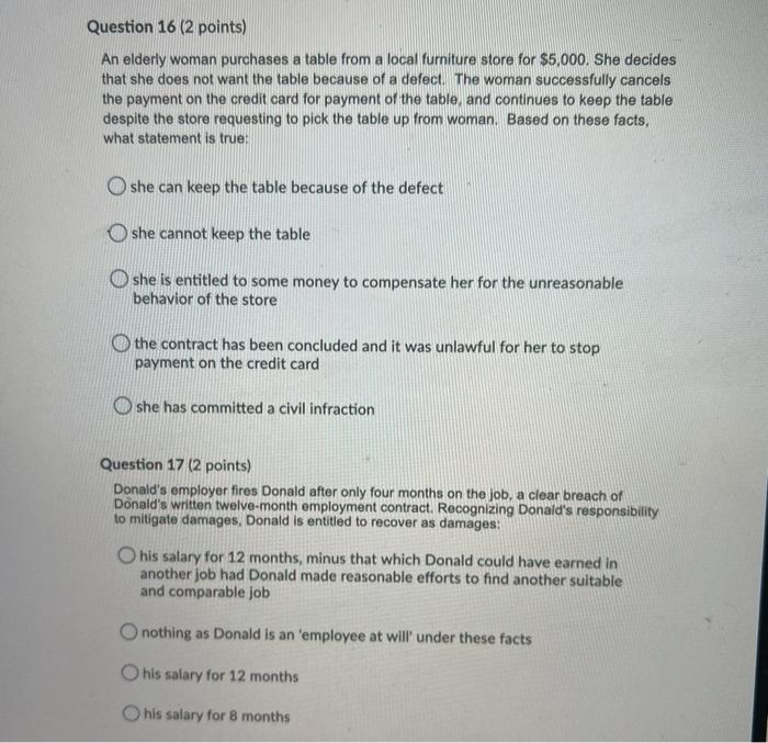 Solved Question 16 (2 points) An elderly woman purchases a | Chegg.com