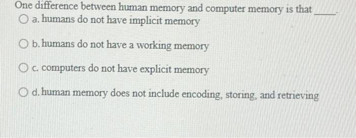 Solved One difference between human memory and computer | Chegg.com