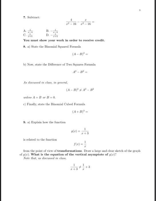 Solved 7. Subtract: 1²-16 A. B. C. D. - You must show your | Chegg.com