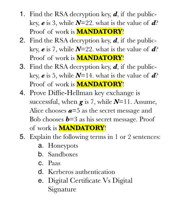 Solved 1. Find the RSA decryption key, d, if the public- | Chegg.com