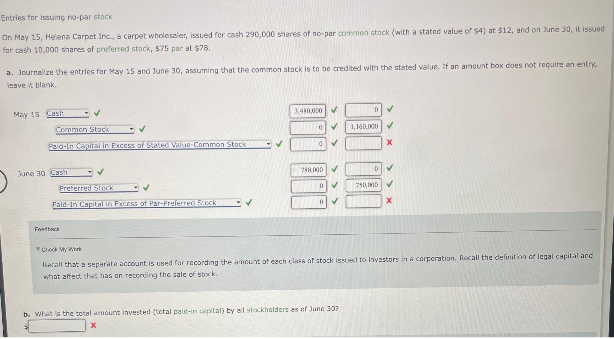 Solved Entries for issuing nopar stockOn May 15, ﻿Helena