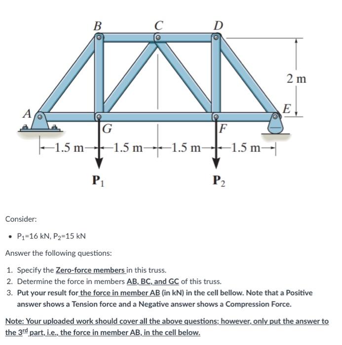 - \( P_{1}=16 \mathrm{kN}, P_{2}=15 \mathrm{kN} \)
Answer the following questions:
1. Specify the Zero-force members in this 