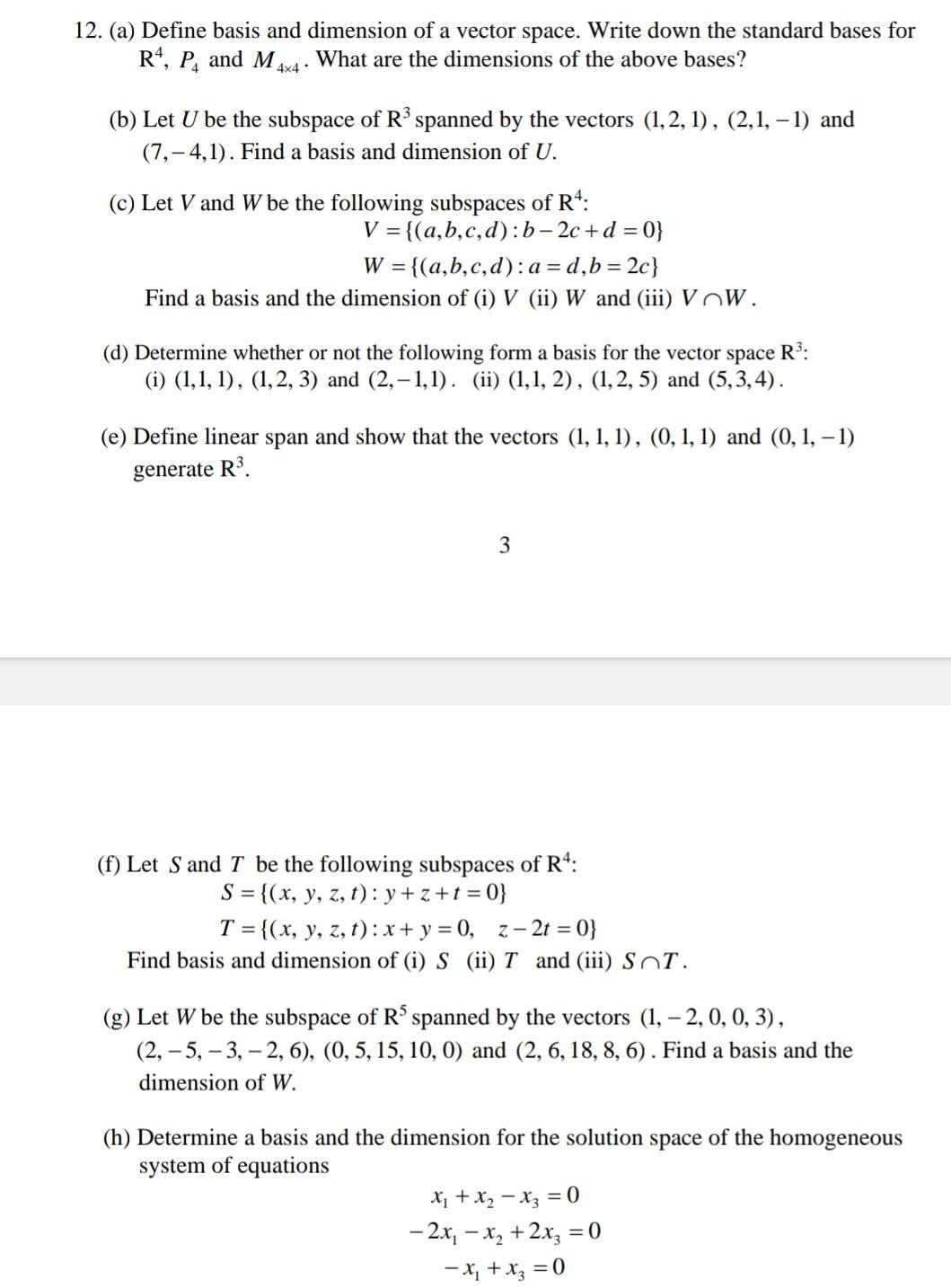 Solved 12 a Define Basis And Dimension Of A Vector Space Chegg