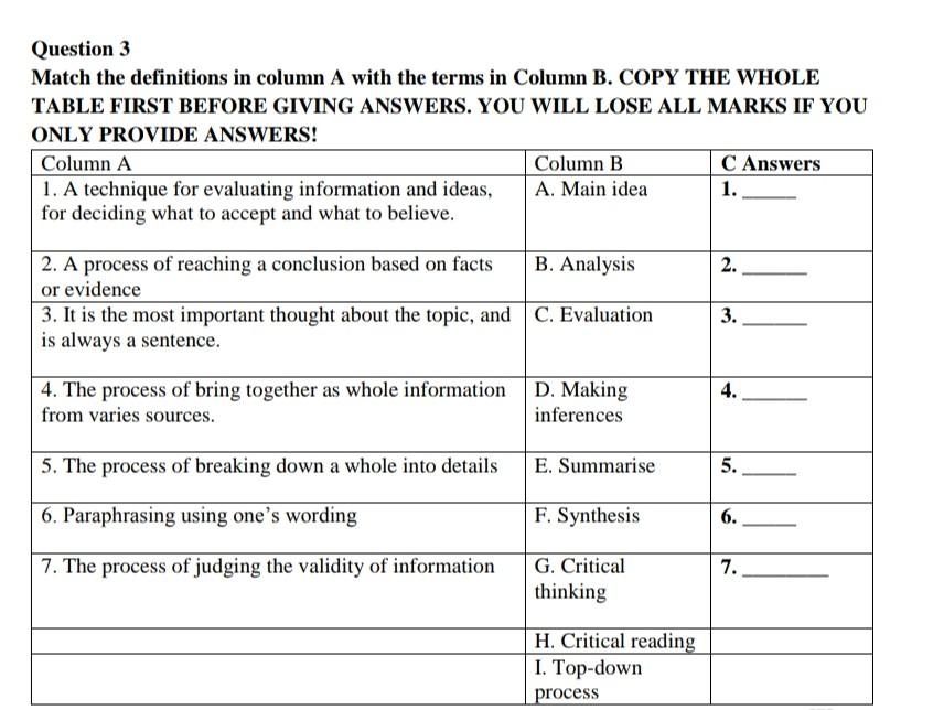 Definition Matching Questions Question 3 Match the definitions in column A with the | Chegg.com
