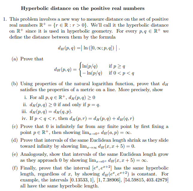 Solved Hyperbolic distance on the positive real numbersThis | Chegg.com