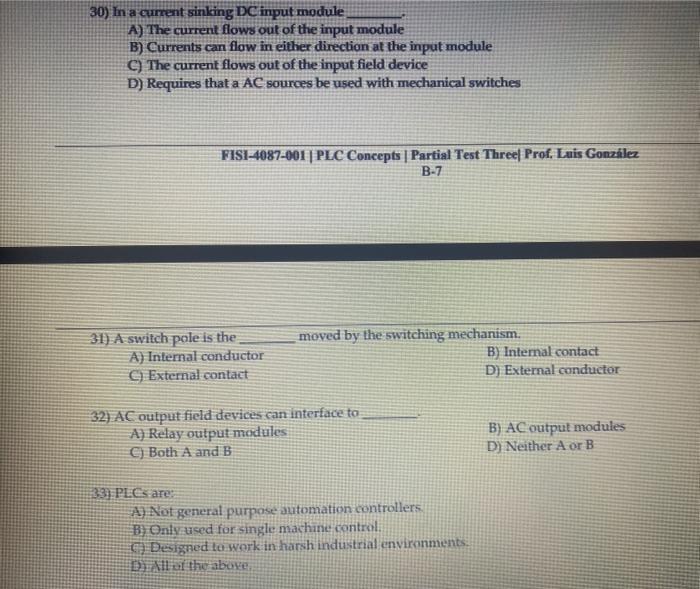Solved 30) In a current sinking DC input module A) The | Chegg.com