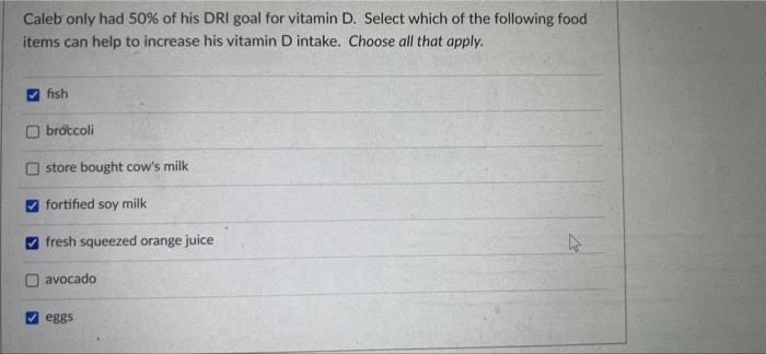 Solved Caleb only had 50% of his DRI goal for vitamin D. | Chegg.com